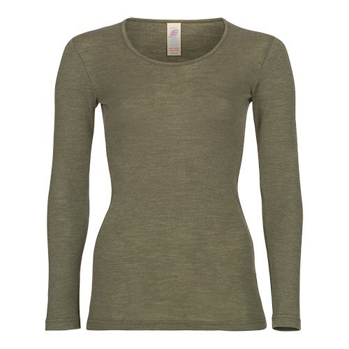 Langærmet bluse, uld/silke, Olive, str. 42/44 1 Langærmet bluse, uld/silke, Olive, str. 42/44