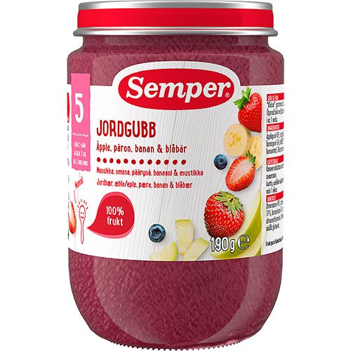 Frugtpure m jordbær,æble,pære,banan & blåbær 5 mdr 1 Frugtpure m jordbær,æble,pære,banan & blåbær 5 mdr